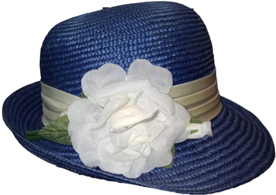 Blue Woman's Hat Antique Straw w/ Ribbon Flower Vintage Floppy