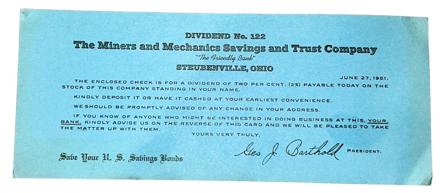 Miners and Mechanics Bank and Steubenville Calendar Envelope Check Deposit Book