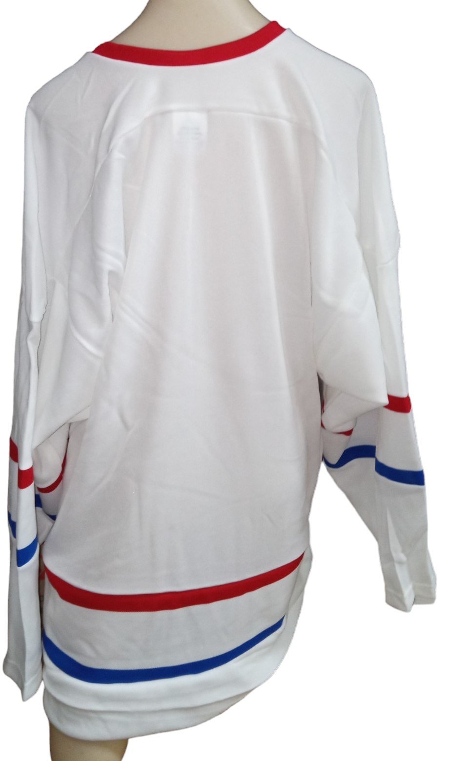 Athletic Hockey Jerseys White Blue Red Stripes L and M Size Red Collar Lot of 21