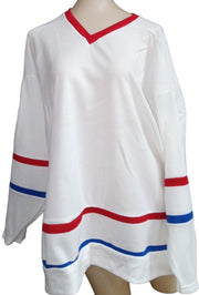 Athletic Hockey Jerseys White Blue Red Stripes L and M Size Red Collar Lot of 21