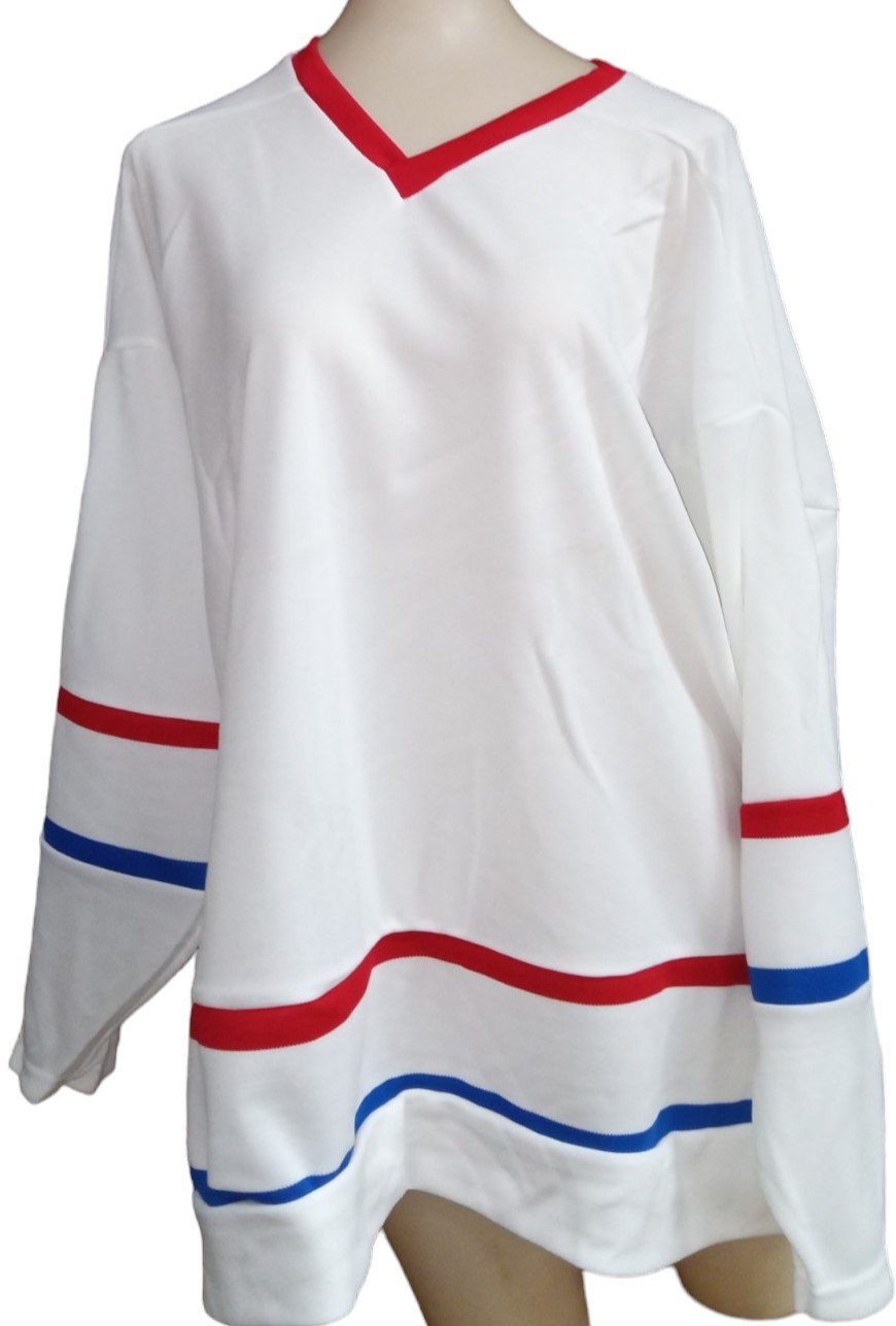 Athletic Hockey Jerseys White Blue Red Stripes L and M Size Red Collar Lot of 21
