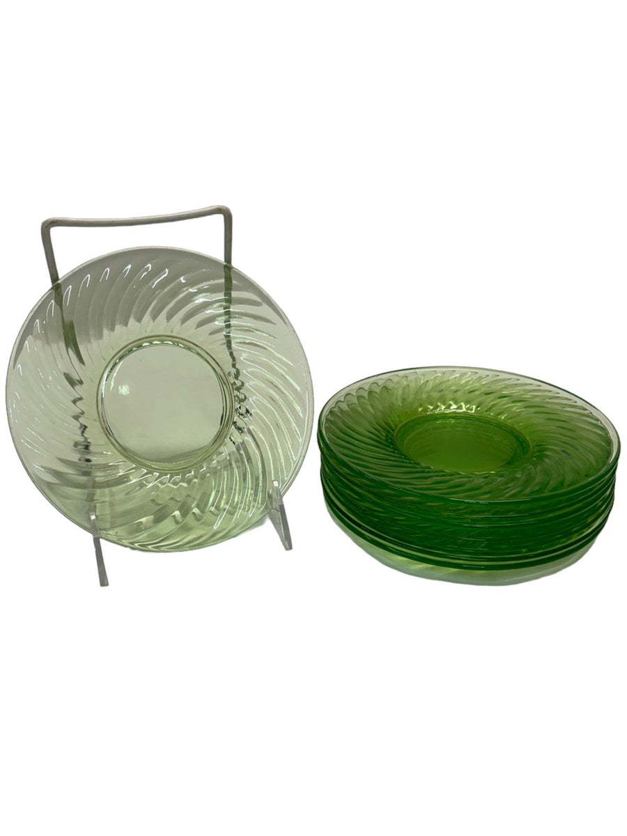 Depression Green Vaseline Federal Uranium 6'' Bread Plate Swirl Lot of 7