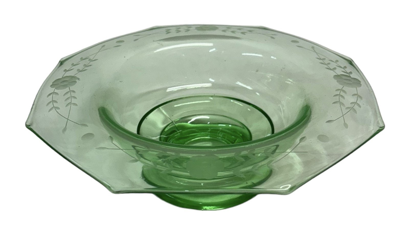 Uranium Vaseline Depression Glass Green Floral Etched Pedestal Dish Candy Bowl