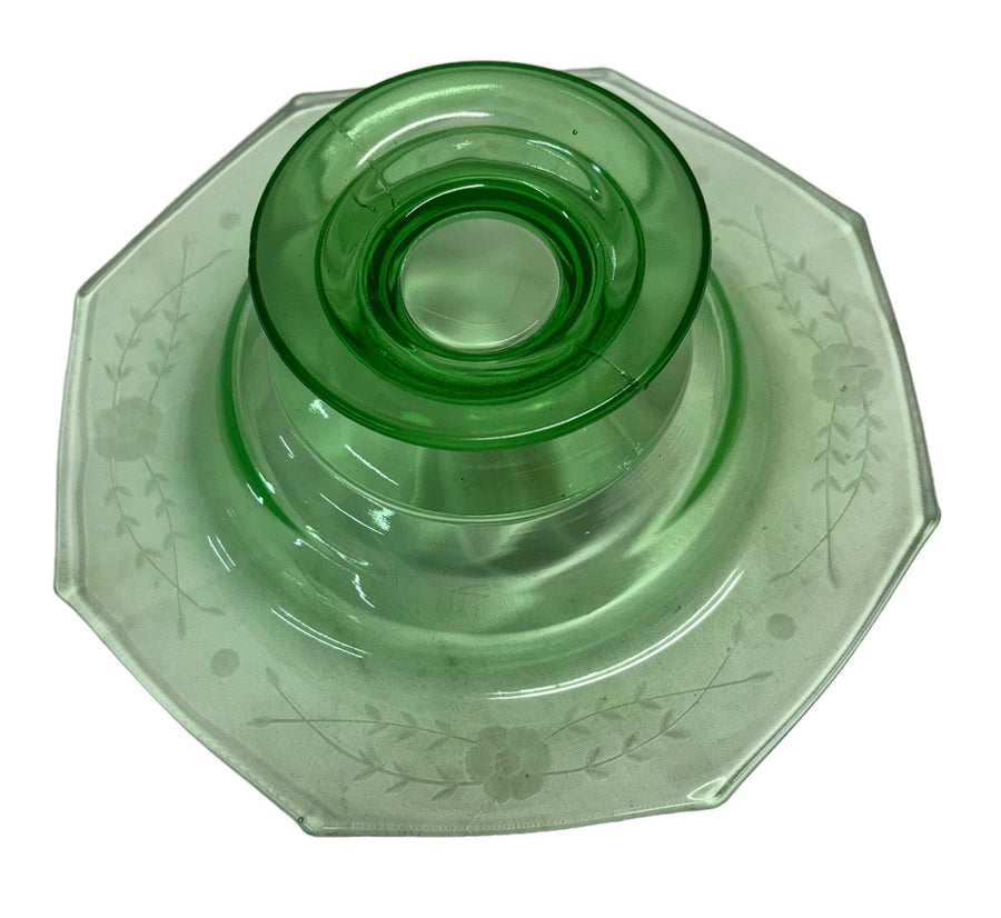 Uranium Vaseline Depression Glass Green Floral Etched Pedestal Dish Candy Bowl