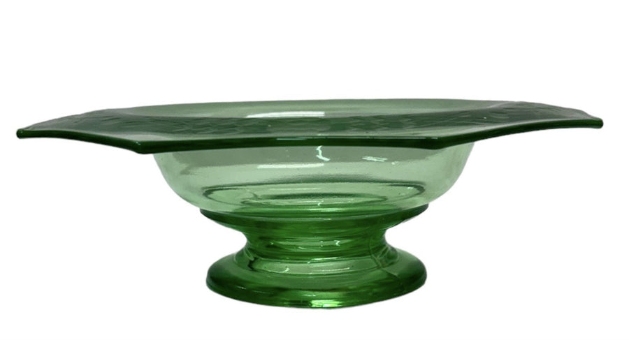 Uranium Vaseline Depression Glass Green Floral Etched Pedestal Dish Candy Bowl