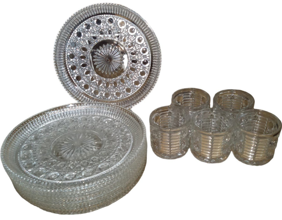 Federal Glass Snack Tray with Cups Antique Starburst Bottom Vintage Button Cane