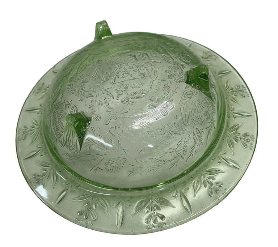 Uranium Vaseline Glass Footed Floral Embossed Bowl Green Dish