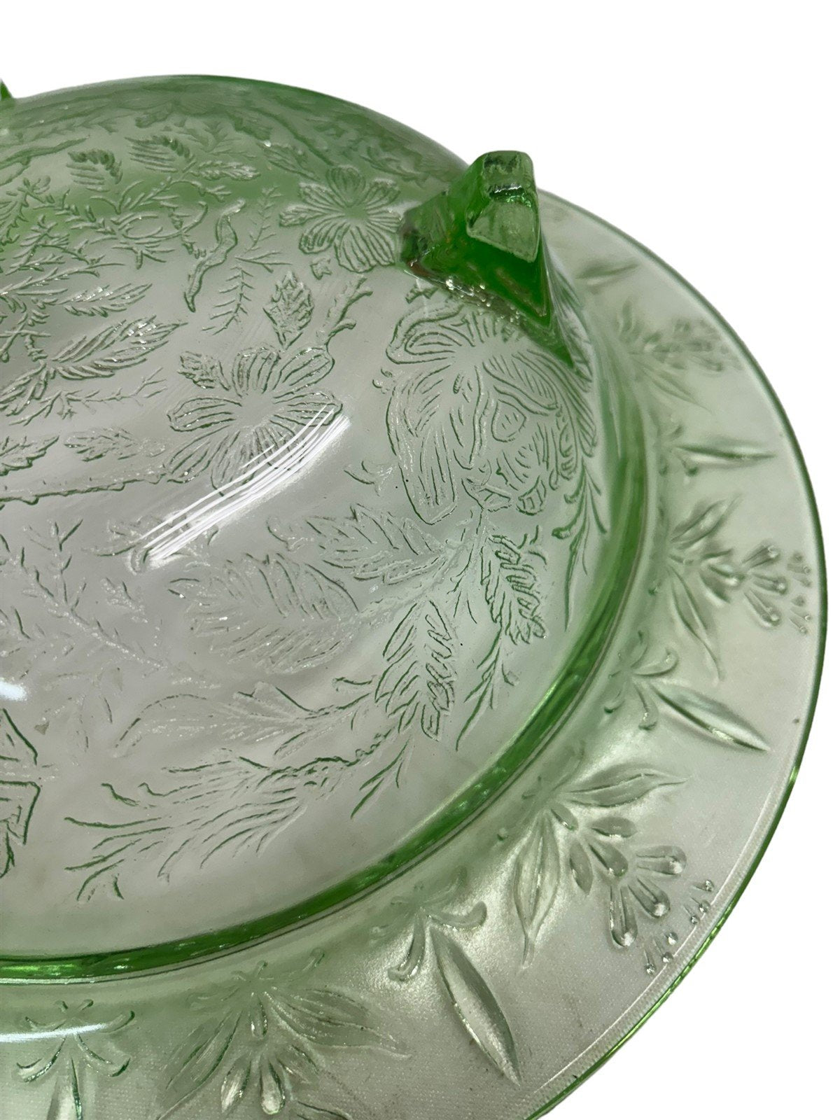 Uranium Vaseline Glass Footed Floral Embossed Bowl Green Dish