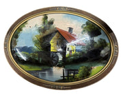 Reverse Painted Picture Convex Glass Wood Frame Cabin on Lake Home Decor