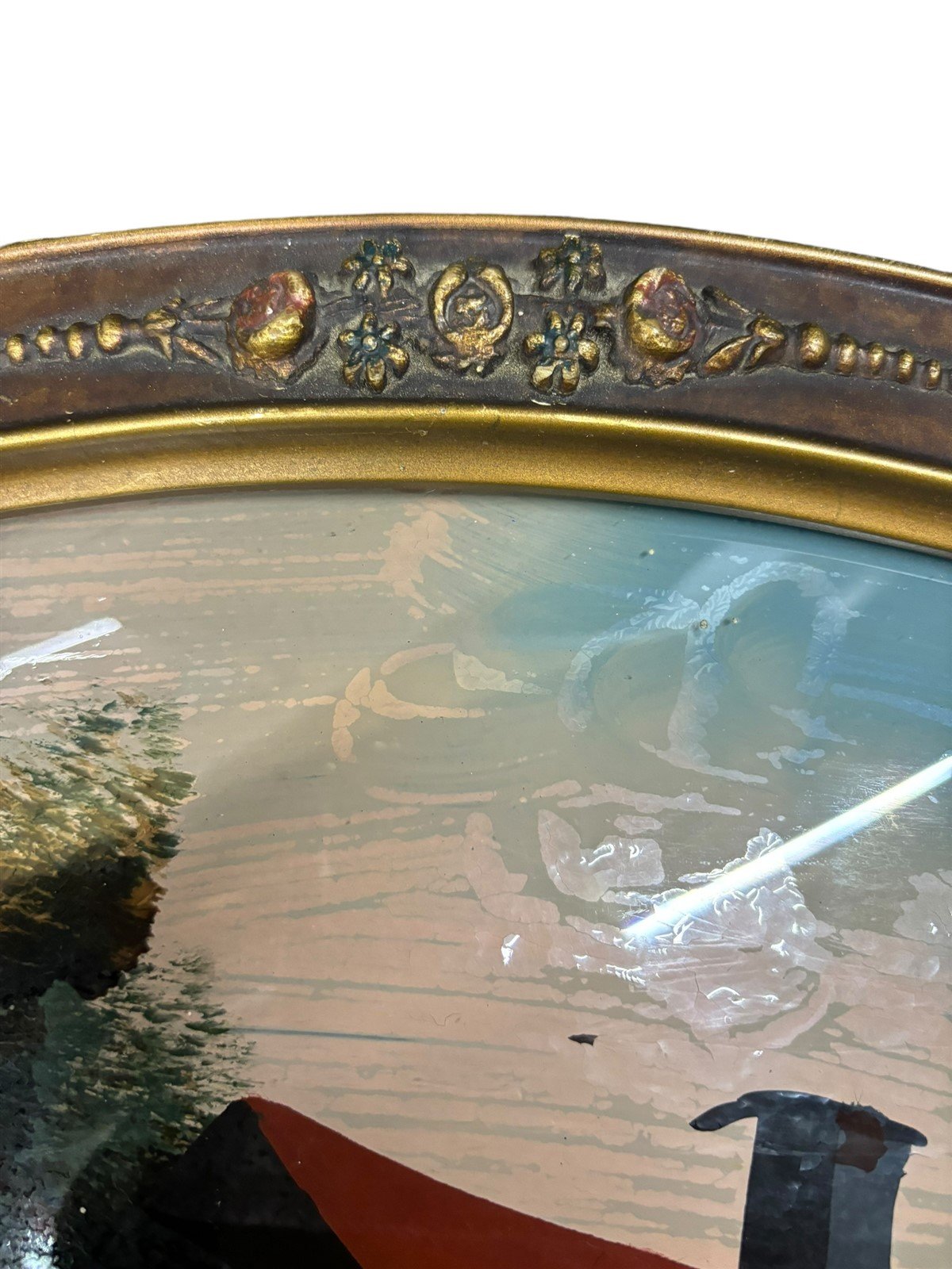 Reverse Painted Picture Convex Glass Wood Frame Cabin on Lake Home Decor