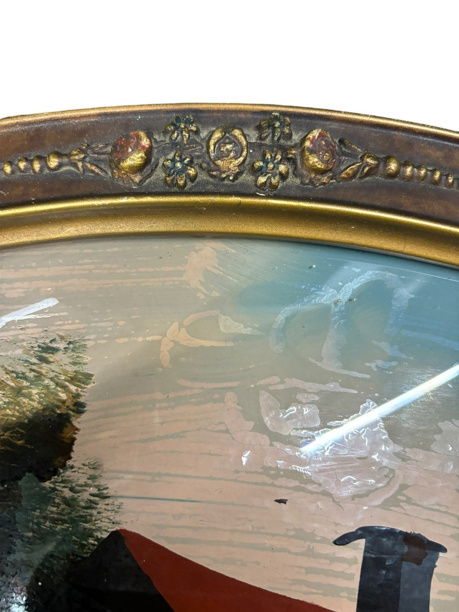 Reverse Painted Picture Convex Glass Wood Frame Cabin on Lake Home Decor