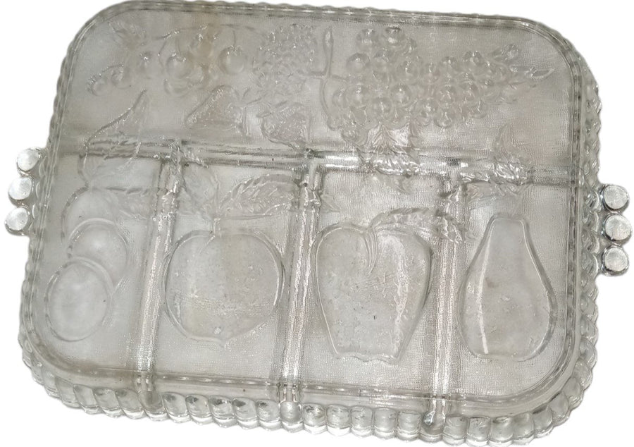 Heavy Glass Divided Relish Tray Vintage Indiana Glass 5 Sections Fruit Etchings