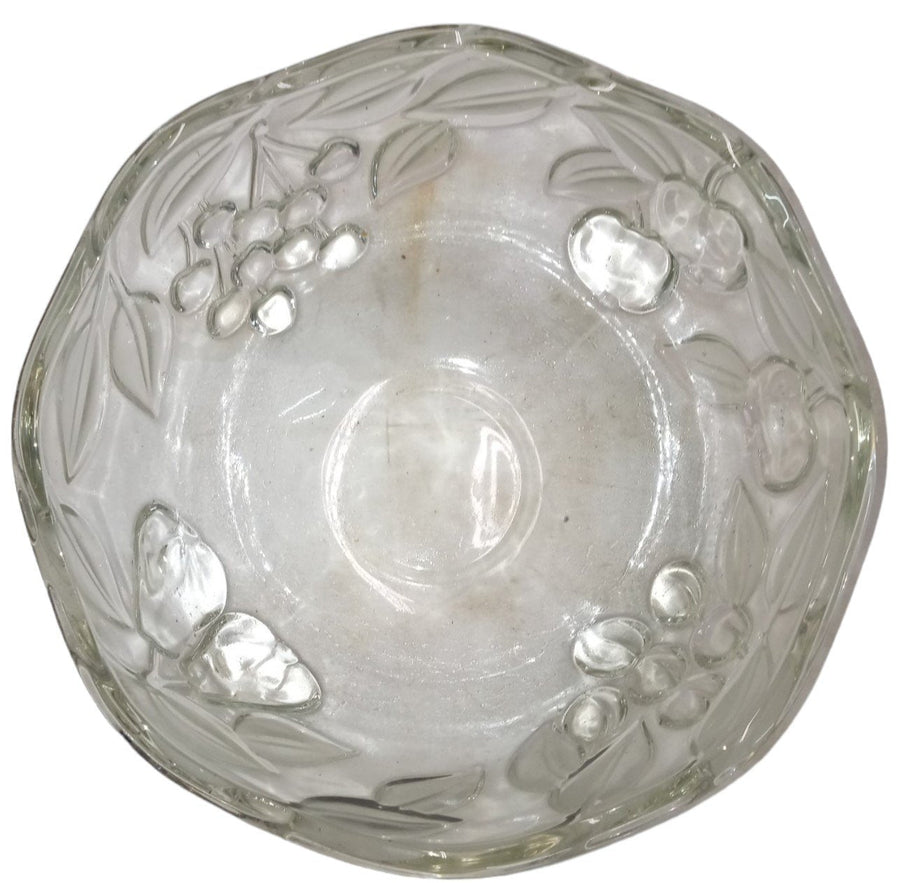 Heavy Glass Serving Bowl Vintage Grapes and Leaves Scalloped Rim