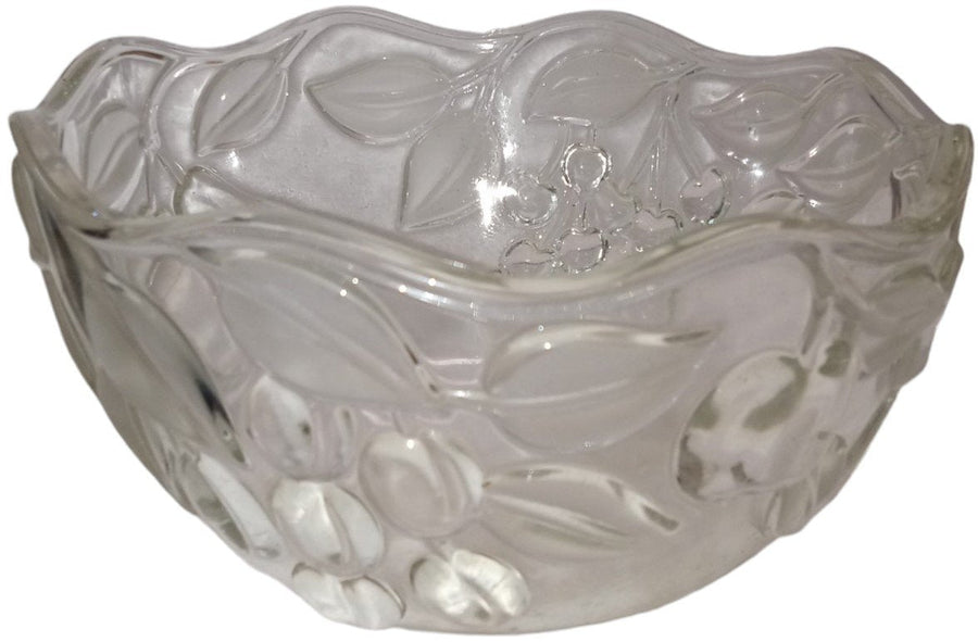 Heavy Glass Serving Bowl Vintage Grapes and Leaves Scalloped Rim