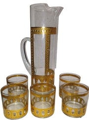 Culver Antigua Martini Pitcher and Glasses Antique Gold Crackle Vintage 6 Pieces