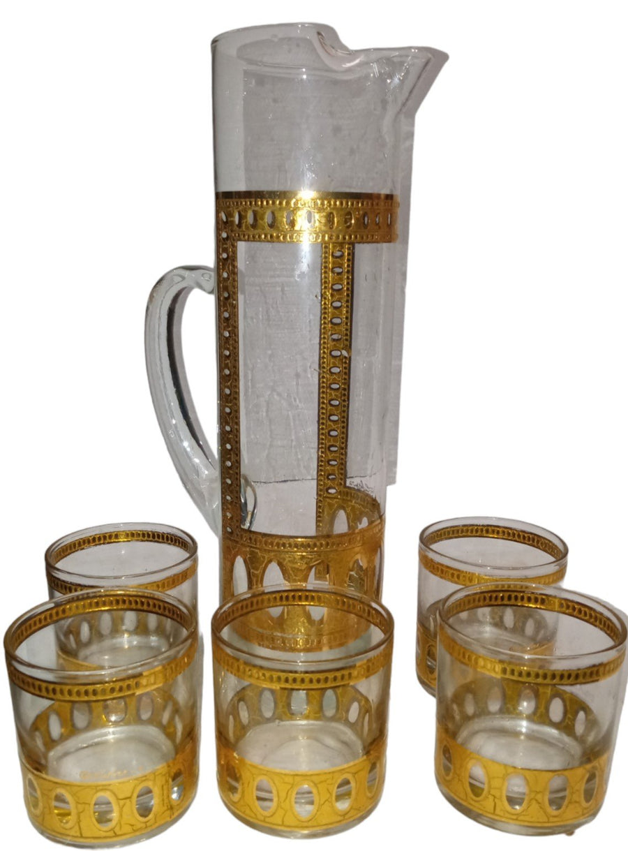 Culver Antigua Martini Pitcher and Glasses Antique Gold Crackle Vintage 6 Pieces