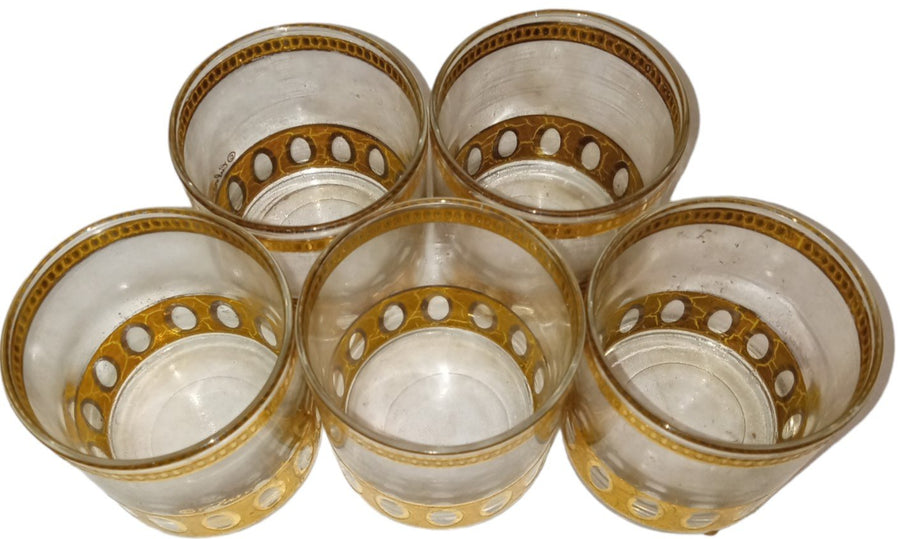 Culver Antigua Martini Pitcher and Glasses Antique Gold Crackle Vintage 6 Pieces