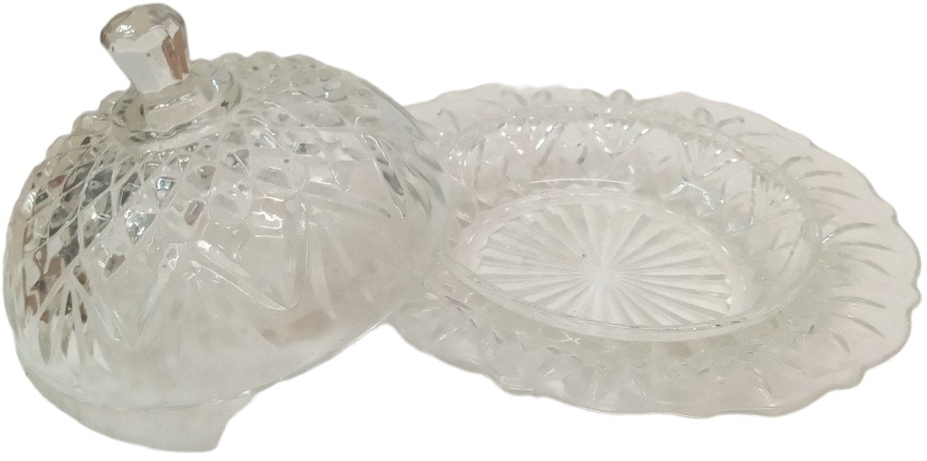 Cheese Ball Glass Covered Dish Antique Pineapple Vintage Starburst Leaf Diamond