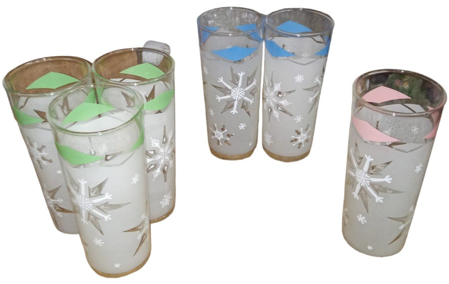 Anchor Hocking Tom Collins Antique Frosted Atomic Snowflake Vintage Set of 6