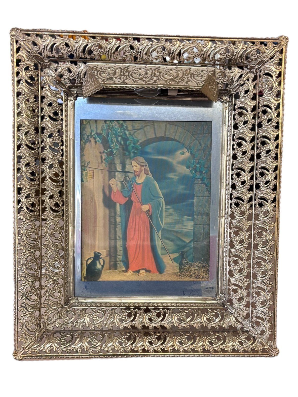 Art Deco Hollywood Regency Frame and Picture of 3D Jesus with Lit Up Frame