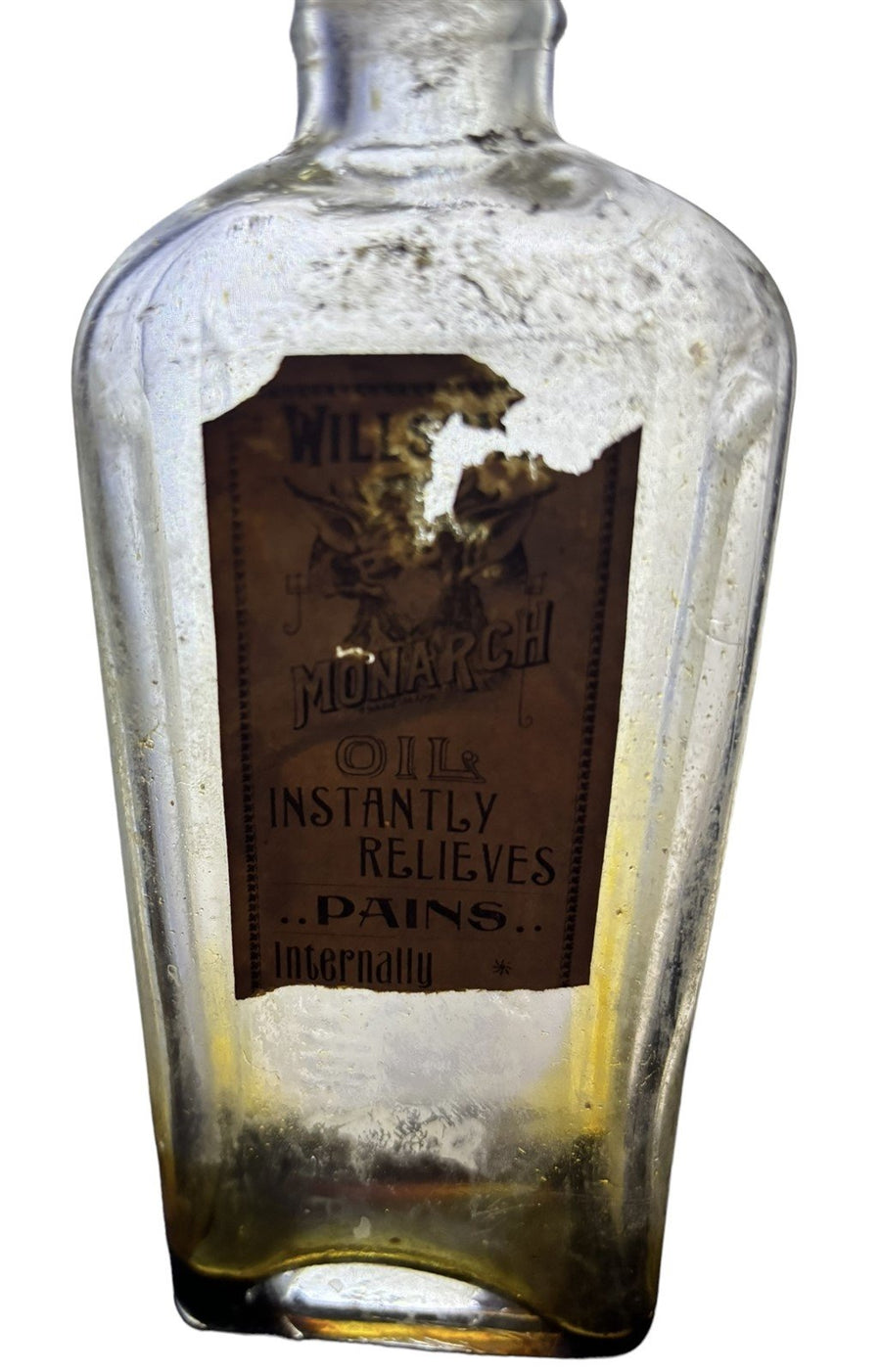 Medicine Bottle Monarch Oil Pain Reliever Willson's Antique Glass Cattle Horse
