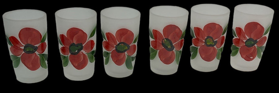 Frosted Pitcher 6 Glasses Antique Washington Vintage Flowers Red Blue Yellow
