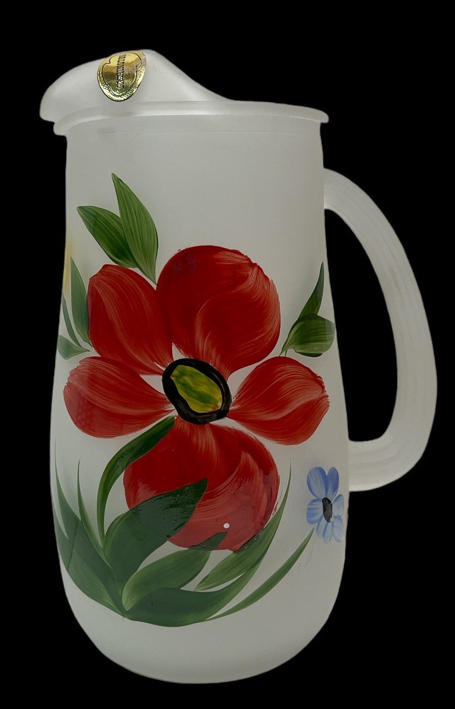 Frosted Pitcher 6 Glasses Antique Washington Vintage Flowers Red Blue Yellow