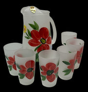 Frosted Pitcher 6 Glasses Antique Washington Vintage Flowers Red Blue Yellow