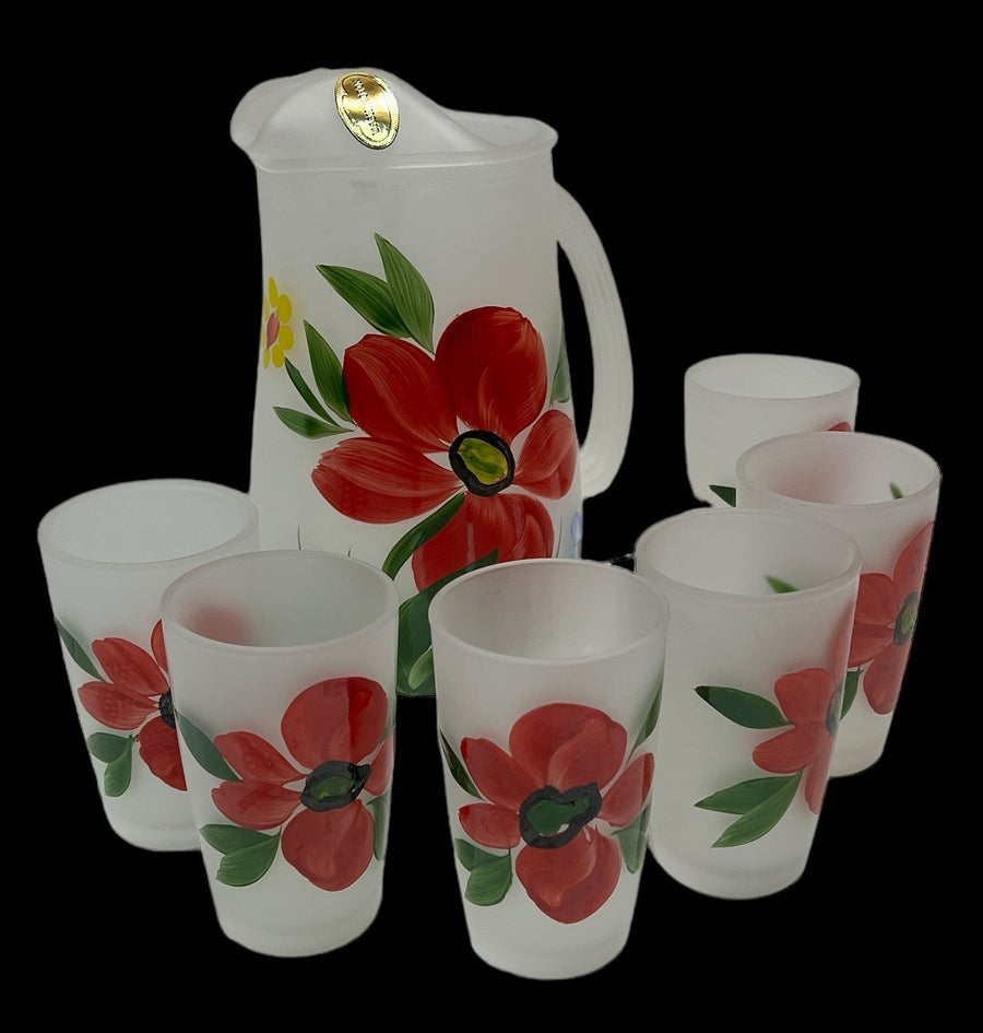 Frosted Pitcher 6 Glasses Antique Washington Vintage Flowers Red Blue Yellow