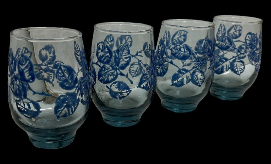 Libbey Juice Glass Antique Blue Eventide Vintage Raised Leaves Set of 4