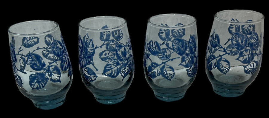 Libbey Juice Glass Antique Blue Eventide Vintage Raised Leaves Set of 4