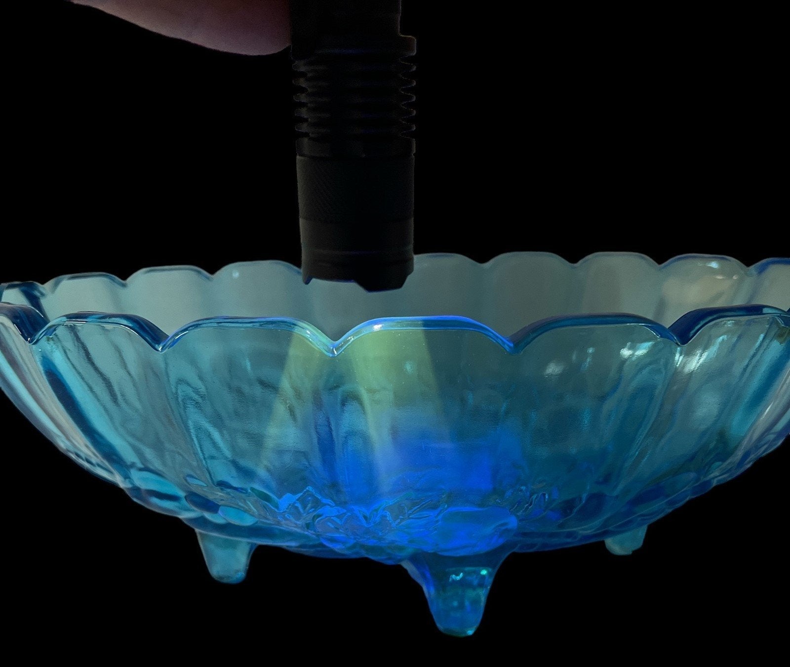Blue Carnival Glass Antique Oval Bowl Vintage 4 Footed Uranium or Cadmium
