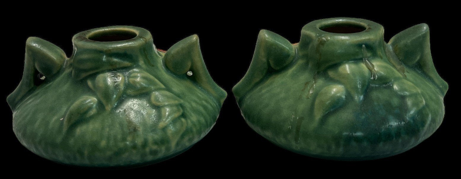 Roseville Candle Stick Holders Antique Green with Flower Vintage Set of 2
