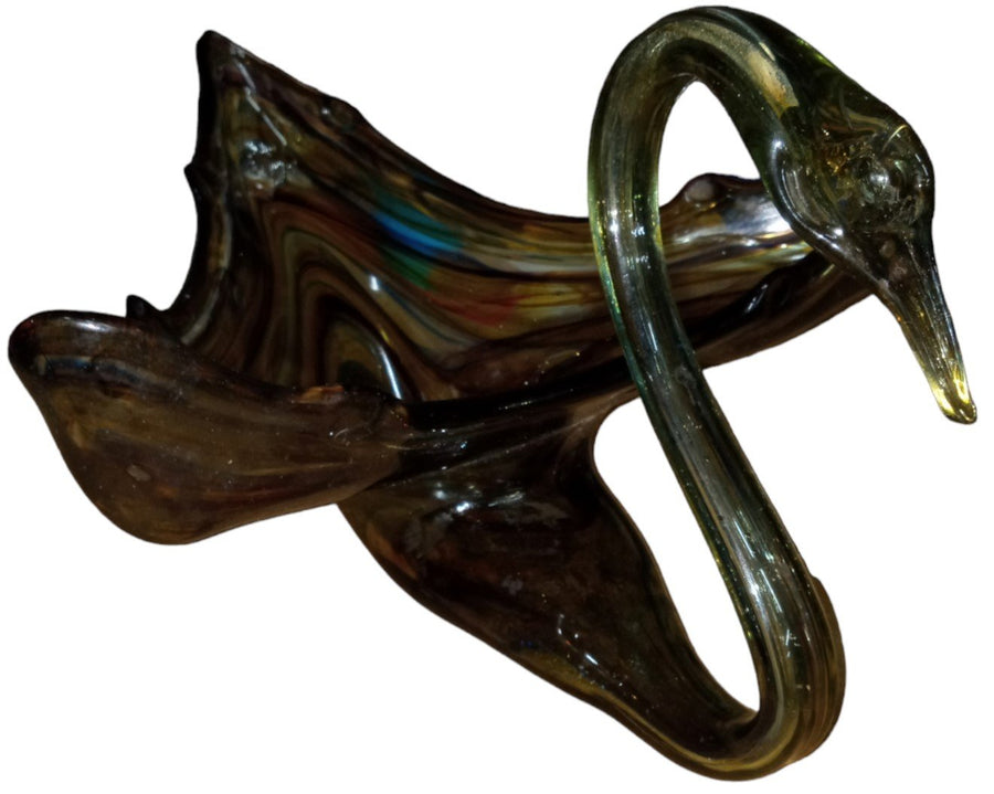 Hand Blown Glass Swan Dish Antique Carnival Glass Vintage Green Brown Swirl