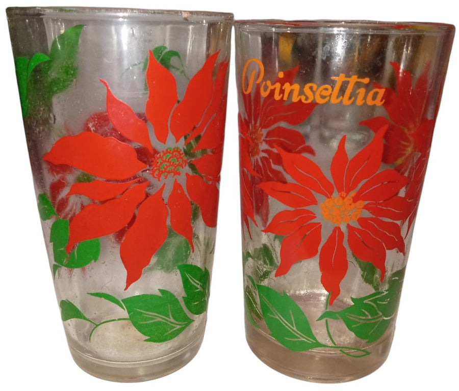 Christmas Glasses  Vintage Poinsettia Set of 2 Culver Yule Horn Set of 2