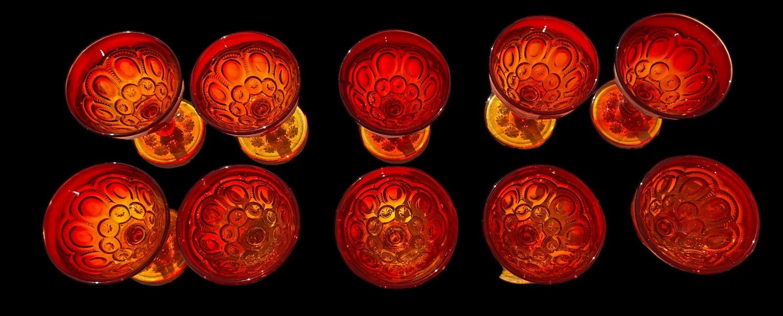 Amberina Moon and Stars Dessert Goblet Antique LE Smith Vintage Set of 10