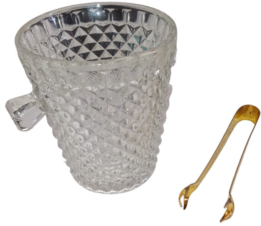 Anchor Hocking Ice Bucket Antique Diamond Cut w/ Brass Tongs Vintage