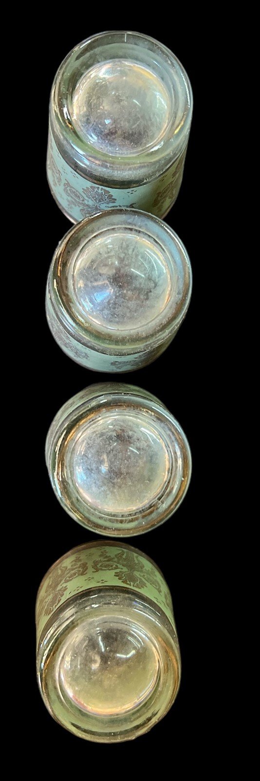 Shot Glass Sage Green and Gold Antique Jeannette Vintage Harp and Lyre Set of 4