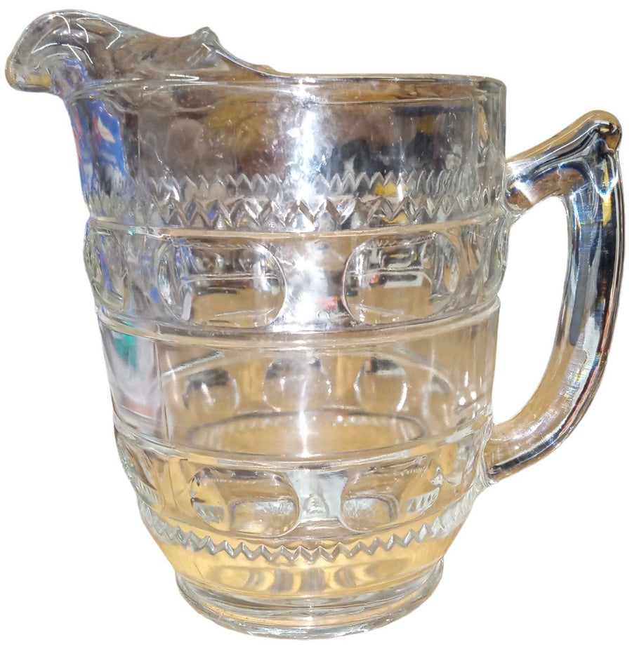 Glass Pitcher Antique Thumbprint Sawtooth Design Vintage Starburst Design