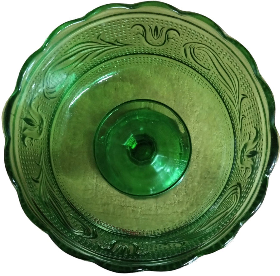 Emerald Green Glass Pedestal Bowl Antique Anchor Hocking Vintage Sandwich Glass