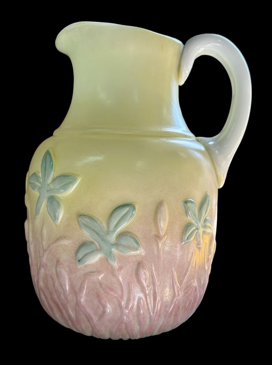 Milk Glass Pitcher Pastel Floral Pink Yellow Iris 1800s Antique Drinkware