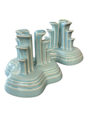 Fiesta - Sky Blue Tripod Pyramid Candleholders Pair Homer Laughlin Discontinued