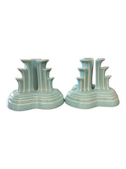 Fiesta - Sky Blue Tripod Pyramid Candleholders Pair Homer Laughlin Discontinued