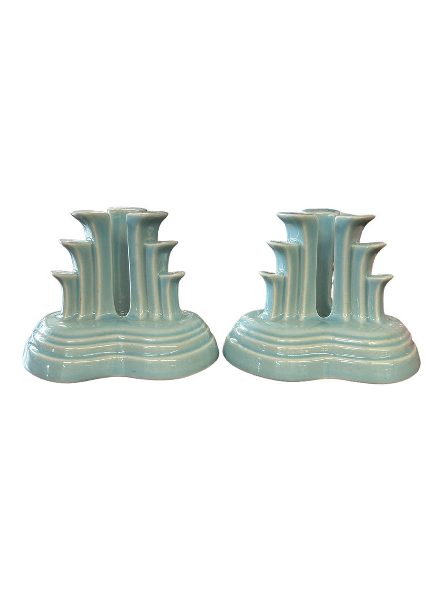 Fiesta - Sky Blue Tripod Pyramid Candleholders Pair Homer Laughlin Discontinued