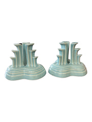 Fiesta - Sky Blue Tripod Pyramid Candleholders Pair Homer Laughlin Discontinued