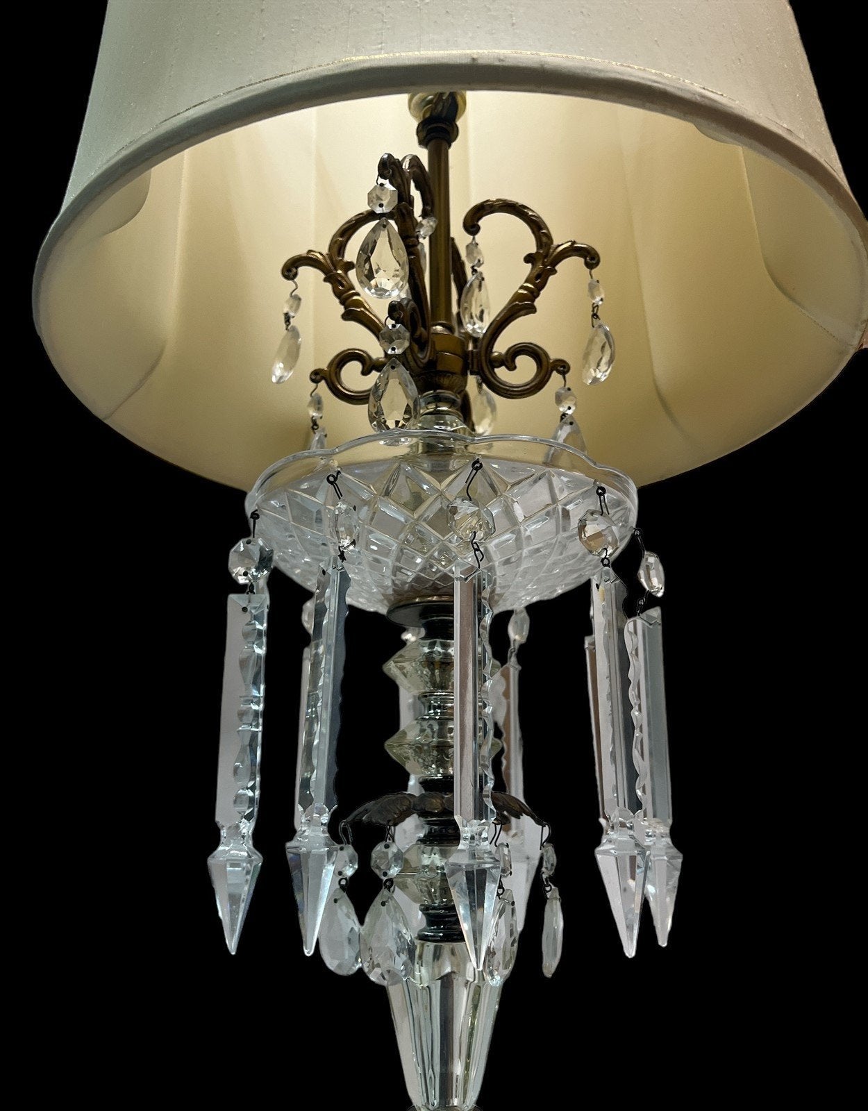 Crystal Lamp Antique MCM Dangling Pendants Vintage Lampshade Brass Base