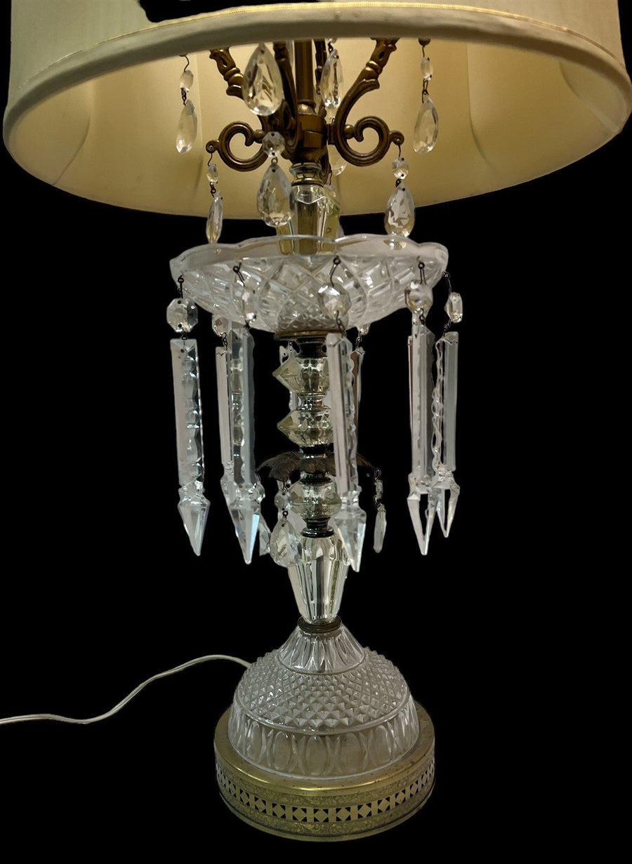Crystal Lamp Antique MCM Dangling Pendants Vintage Lampshade Brass Base