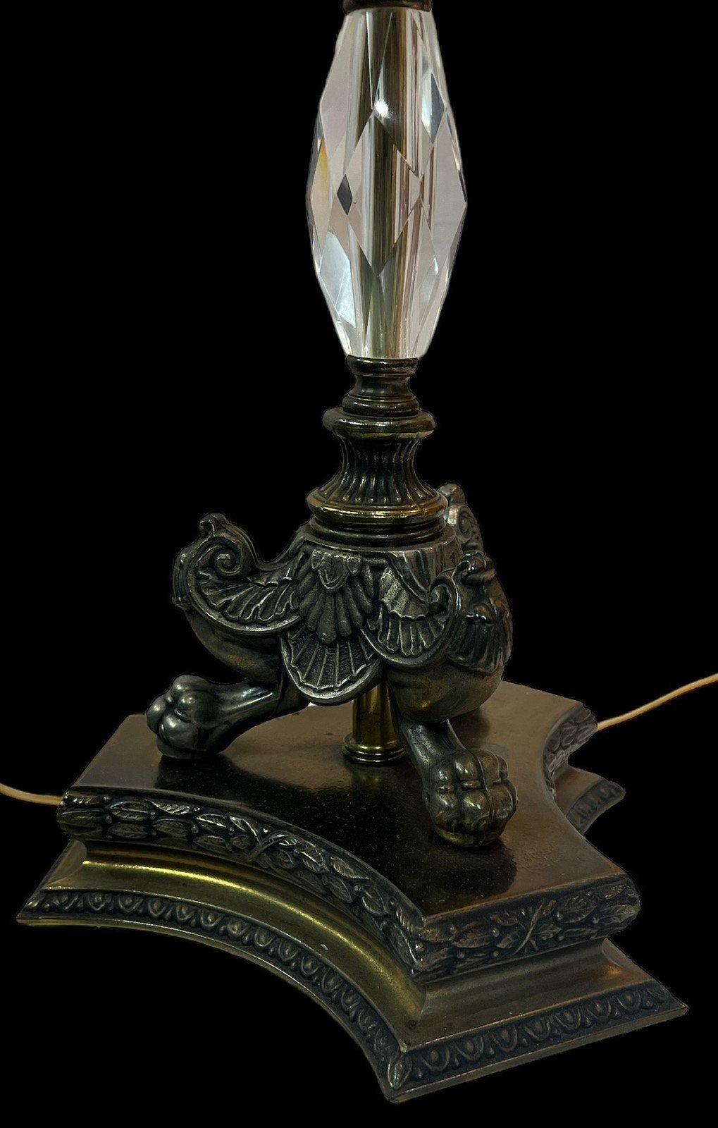 Brass Lamp w/ Large Crystal Pendants Antique Footed Lamp Vintage Set of 2