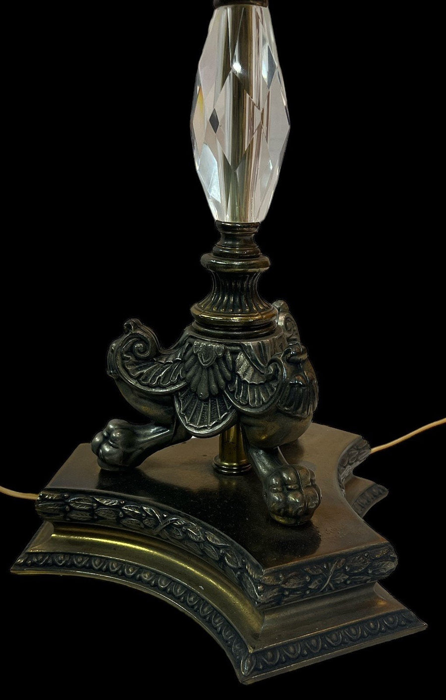 Brass Lamp w/ Large Crystal Pendants Antique Footed Lamp Vintage Set of 2