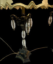 Brass Lamp w/ Large Crystal Pendants Antique Footed Lamp Vintage Set of 2